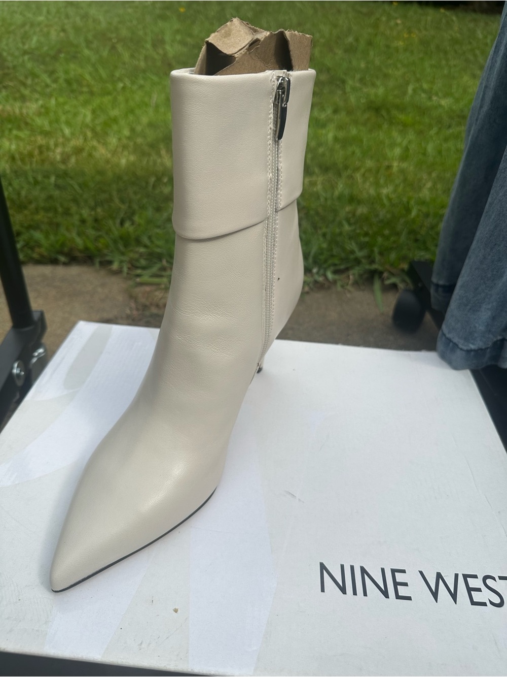 Nine West Cream Pointed-Toe Mid-Calf Zip Heeled Boot